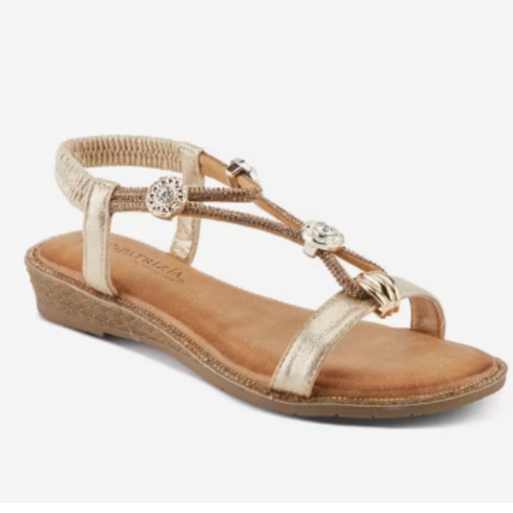 Patrizia Charmer Wedge Sandal Crystal Gold Shimmer Ankle Strap Size 10 Festival